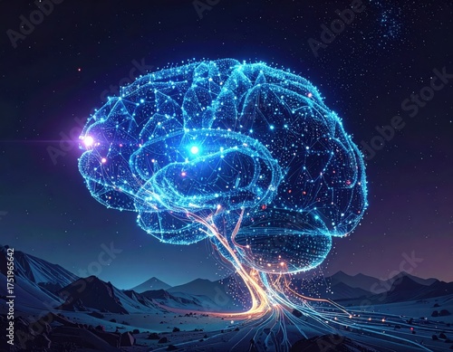 Digital consciousness a glowing neural network brain under the stars.
