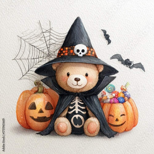 A cute teddy bear dressed as a skeleton, wearing a witch hat, surrounded by pumpkins and candies, perfect for Halloween-themed decorations, cards, or children's party invitations,
