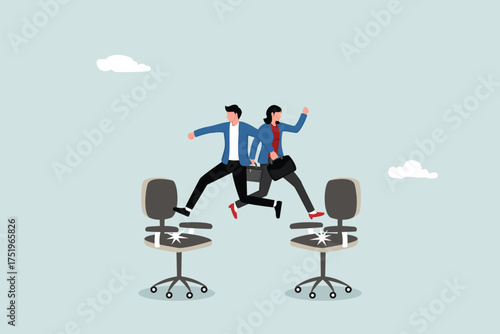 Job rotation or changing positions to gain new experience, moving to new responsibilities in organizational concepts, businessman and women jumping into office chairs, job rotation metaphor.