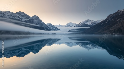 Wallpaper Mural Calm Mountain Lake Reflecting Snow-Capped Peaks under Pastel Sunrise Sky with Mist and Tranquil Cinematic Atmosphere Torontodigital.ca