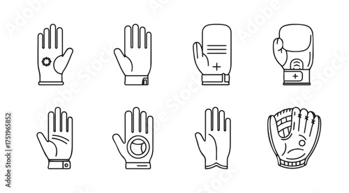 Collection of various sports gloves and mitts isolated icons set line art graphic elements vector