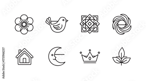 Collection of hand drawn line art icons featuring nature home crown moon bird flower and mandala designs vector