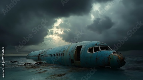 airplane crashing on ocean with black storm cloud 