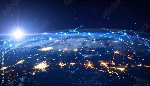 Global network connections over illuminated Earth from space showcasing digital communication and technology.