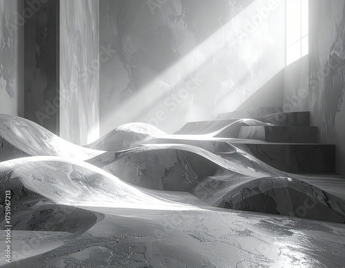 Sunlight Streams Through Ancient Ruined Temple Interior with Sand Dunes.