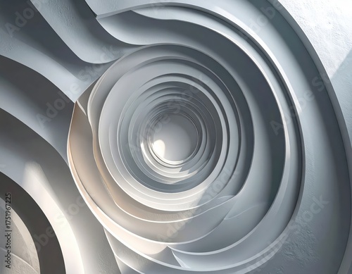 Abstract White Spiral Tunnel with Light Reflections and Geometric Shapes.