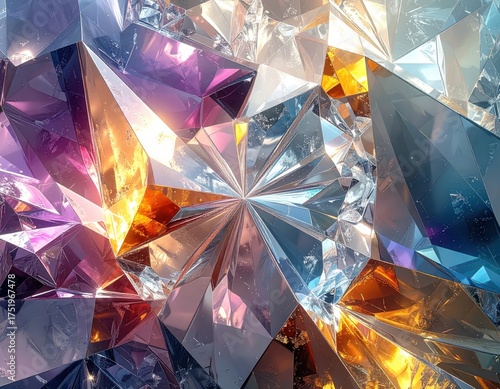Abstract Faceted Gemstone Close-Up with Vibrant Colors and Intricate Reflections.