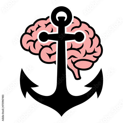 black and pink silhouette of a brain with anchor symbolizing stability and mental strength
