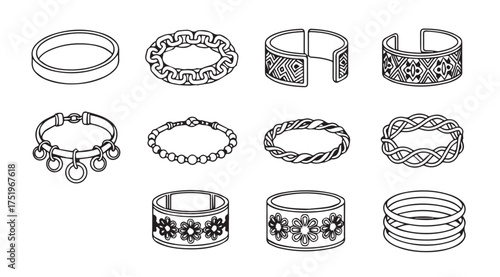 Collection of hand-drawn bracelets and bangles showcase elegant designs and detailed craftsmanship vector