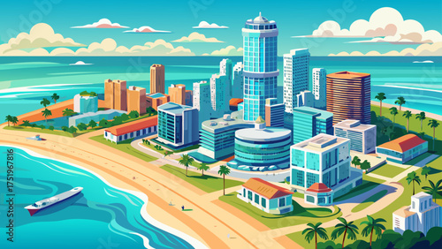 Very beautiful aerial panoramic view of Miami Beach, Florida, USA, with turquoise ocean, modern skyscrapers, and golden sand under a clear sky.
