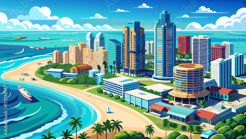 Very beautiful aerial panoramic view of Miami Beach, Florida, USA, with turquoise ocean, modern skyscrapers, and golden sand under a clear sky.
