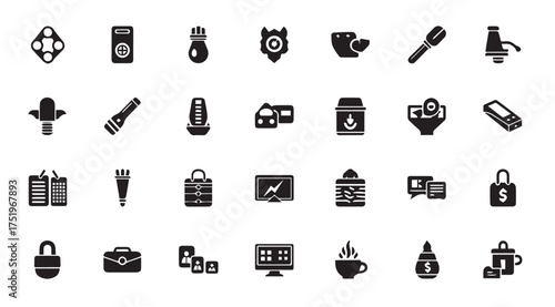 Collection of black icons representing diverse objects for modern design and web applications vector