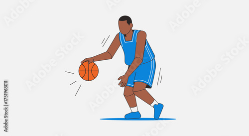 Basketball player dribbling the ball action shot sports illustration blue uniform orange ball.