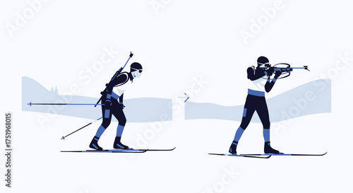 Biathlon athlete in action skiing and shooting winter sports competition.