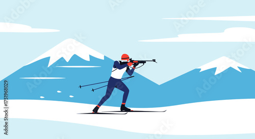 Biathlon athlete aiming rifle during winter sports competition in snowy mountains.
