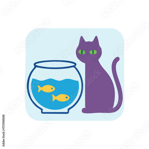(Purple Cat Stares at Goldfish Bowl. An adorable feline with bright emerald eyes observes two small aquatic creatures swimming in a clear glass container. This scene evokes themes of temptation and.)