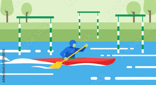 Canoeist paddling through a slalom course in a river water sport competition.