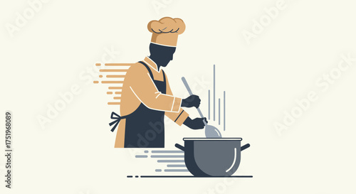 Chef stirring food in a pot cooking in the kitchen culinary art food preparation.