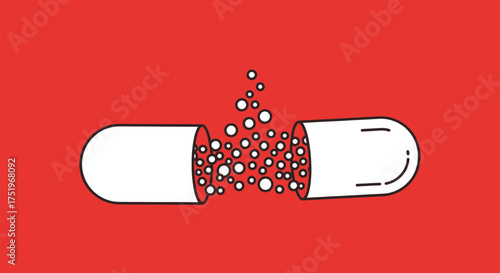 Capsule medicine illustration with contents spilling out red background.