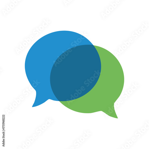 (Speech Bubbles Dialogue Symbol. Two vibrant blue and green chat icons representing interactive discourse and modern messaging. Ideal for conveying ideas, feedback, and online connection. Evokes.)