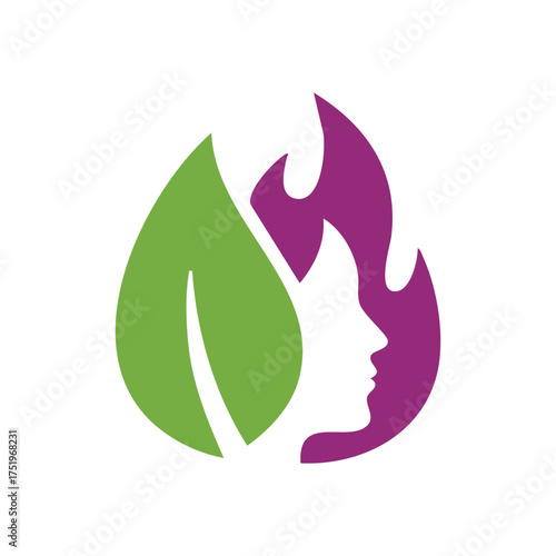 (Natural Beauty and Female Spirit. This artful logo features a verdant leaf, a violet flame subtly revealing a graceful woman's profile. It embodies holistic wellness, organic strength, inner glow.)
