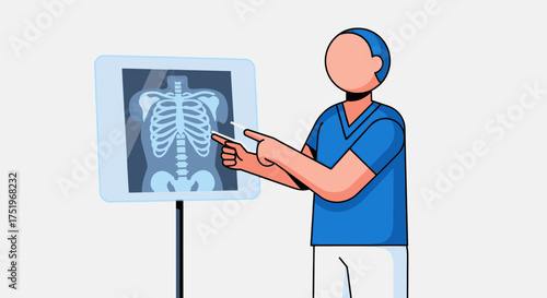 Doctor pointing at an Xray image of a human skeleton.