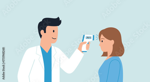 Doctor taking temperature of patient with infrared thermometer healthcare concept.