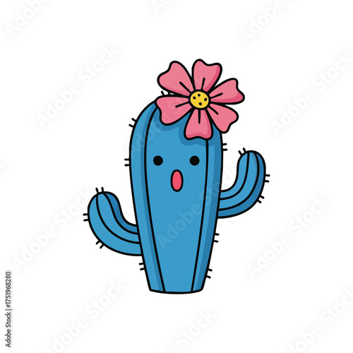 (Whimsical Cactus Character Illustration. This delightful azure succulent showcases a beautiful fuchsia blossom and an amazed facial gesture. It conveys a cheerful, unique desert spirit.)