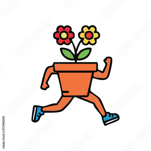 (Active Plant Pot with Blooms Illustration. Cheerful animated planter with bright blossoms actively strides. This lively graphic conveys vitality, development, and vigorous healthy living.)