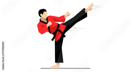 Karate practitioner in red uniform performing a high kick with focused energy.