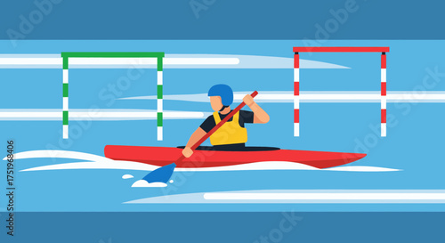 Kayaking athlete navigating the water course with a paddle and kayak.