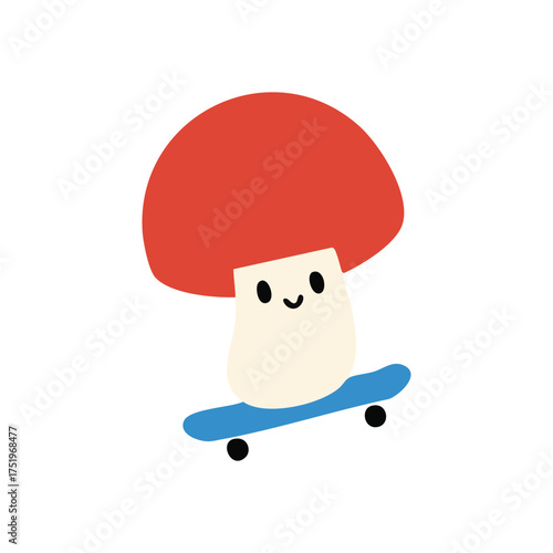 (Adorable Toadstool on Skateboard. A delightful fungal creature embarks on an exciting journey. This charming image represents fun, lightheartedness, and carefree spirit.)