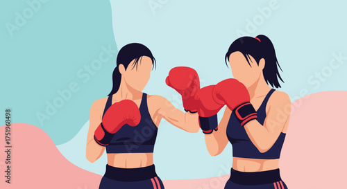 Two young women practicing boxing together in a gym, wearing boxing gloves and athletic wear.