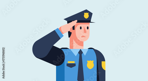 Police officer saluting with hand to the forehead in a flat design style.