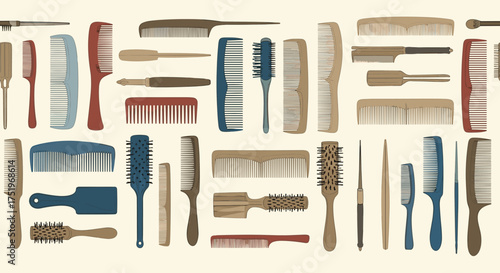 A collection of various hair combs and brushes in different colors and styles.