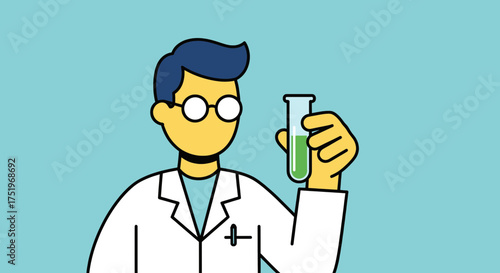 Scientist holding a test tube with green liquid conducting an experiment in a lab.