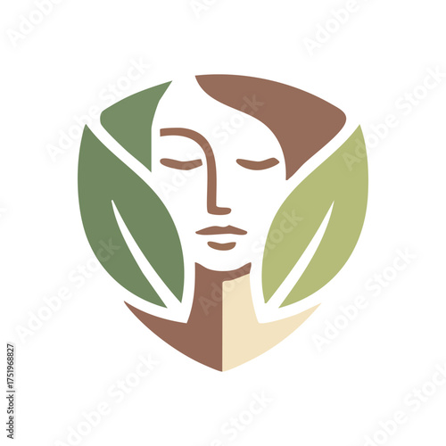 (Organic Wellness Woman Badge. This elegant emblem depicts a serene feminine visage framed by verdant foliage, symbolizing natural well-being, beauty, and ecological harmony.)
