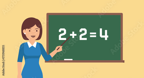 Teacher Explaining Math Equation on Blackboard in Classroom.