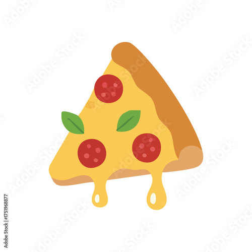 (Melting Cheese Pizza Slice Illustration. Savory pepperoni portion with basil, delectable melted mozzarella. This artwork evokes comforting flavors and Italian food craving.)