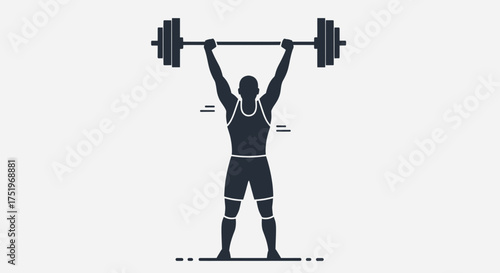 Weightlifter lifting barbell overhead in silhouette against white background.