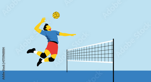 Volleyball player jumping to hit the ball during the game.