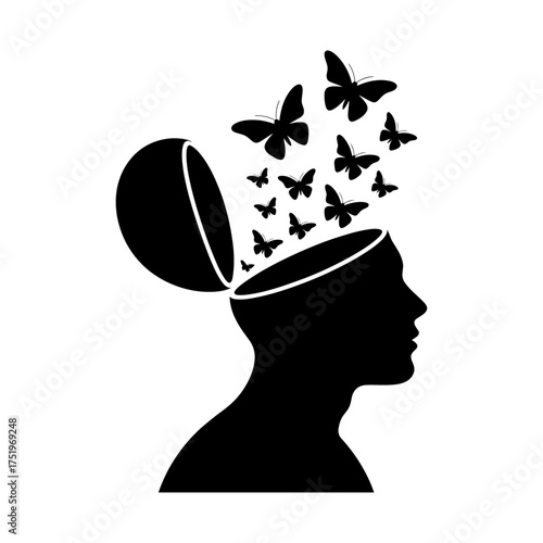 black silhouette of an open human head releasing butterflies symbolizing freedom and transformation