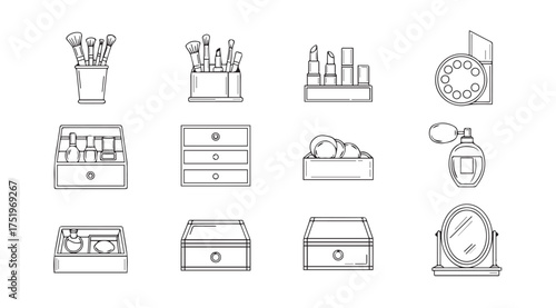 Collection of hand-drawn icons representing makeup brushes storage and cosmetic items vector