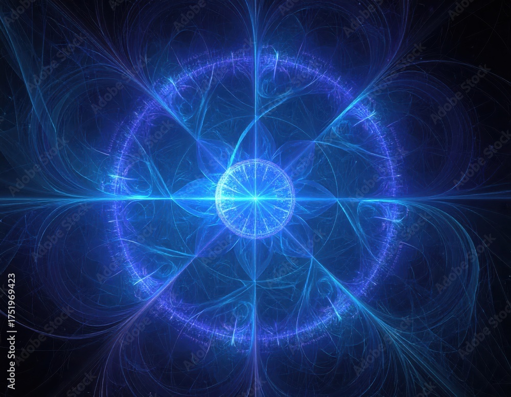 Obraz premium Abstract blue energy field with glowing center and radiating lines.