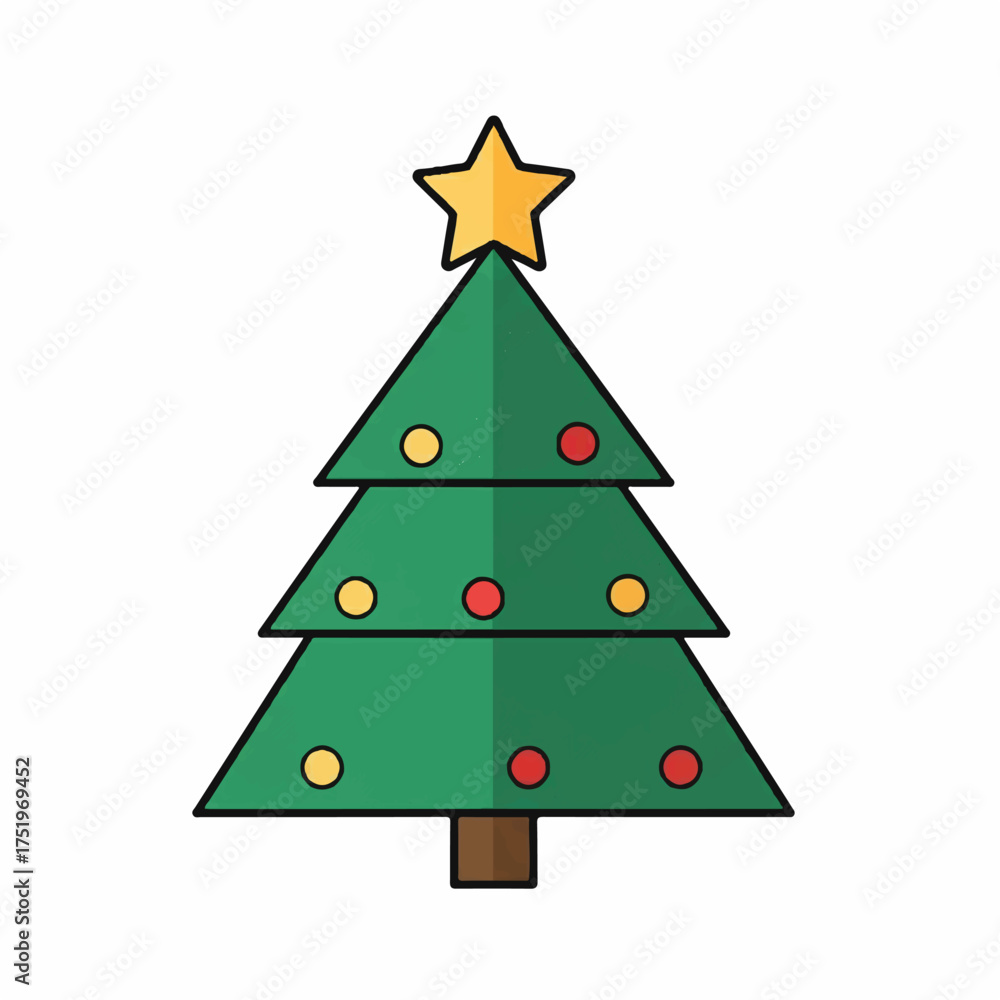 Fototapeta premium Festive Cartoon Christmas Tree with Star and Ornaments Holiday Season Illustration