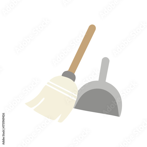 (Household Cleaning Utensils Icon. This minimalist graphic depicts a broom and a dustpan, symbolizing neatness and daily chores. Ideal for domestic themes and hygienic purposes.)