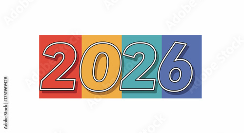 Bold outlined 2026 numerals on a red yellow cyan blue striped background