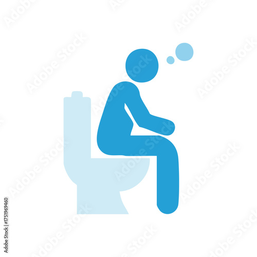(Thinking Person on Toilet Icon. Blue stylized figure seated on a lavatory, with bubbles denoting deep contemplation. Represents a private moment, introspection, or health pondering.)