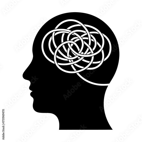 black silhouette of a person with a tangled knot inside the brain symbolizing mental complexity and confusion