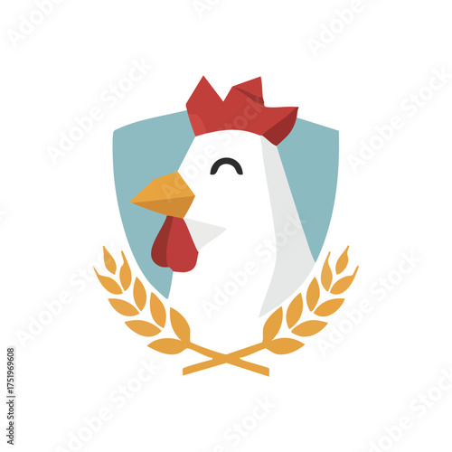 (Farm Rooster Emblem Illustration. A graphic of a domestic fowl head adorned with a golden grain wreath on a protective escutcheon. Represents fresh, organic poultry and agricultural excellence.)